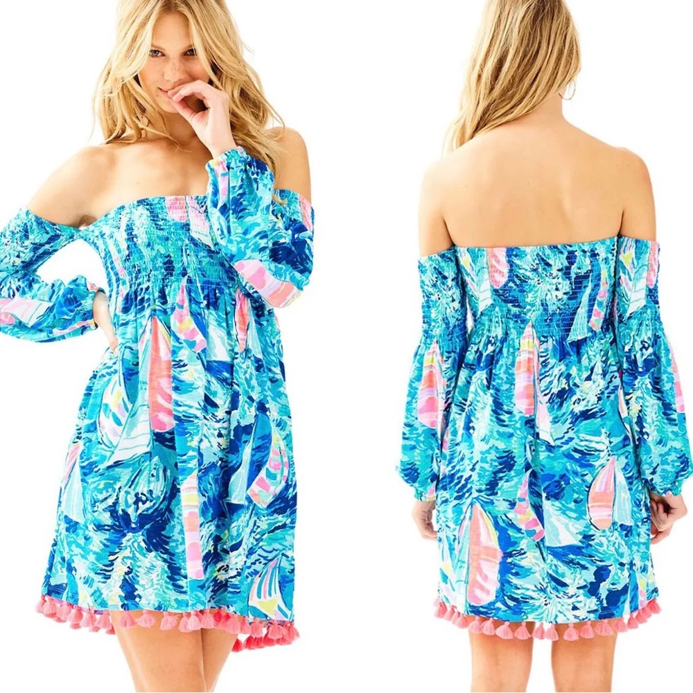 NWT Lilly Pulitzer womens small Trina beach smocked dress long sleeve boats blue